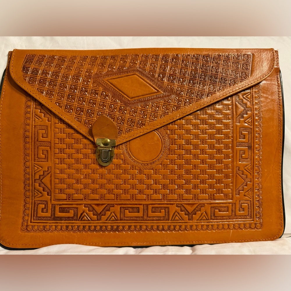 Vintage Pymsa Mexico  Envelope/Portfoilio  Leather Clutch Aztec Style